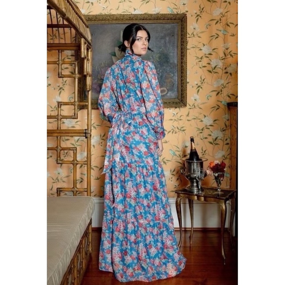 Sue Sartor Elysee Gown Blue Garden Rose Chiffon Maxi Dress XL NWT - Picture 3 of 8